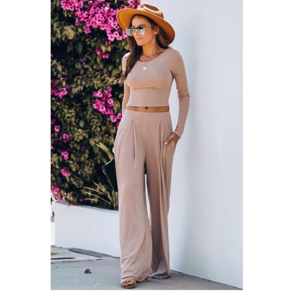 Vici Pants - VICI HERMOSA RIBBED CROP TOP & WIDE LEG PANT